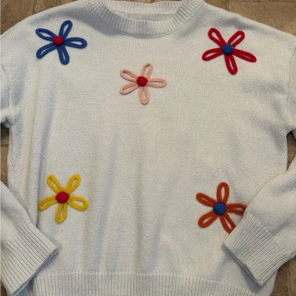 Floral Embroidered Women's Sweater - White - Size Small - Flower Detail - Picture 3 of 4